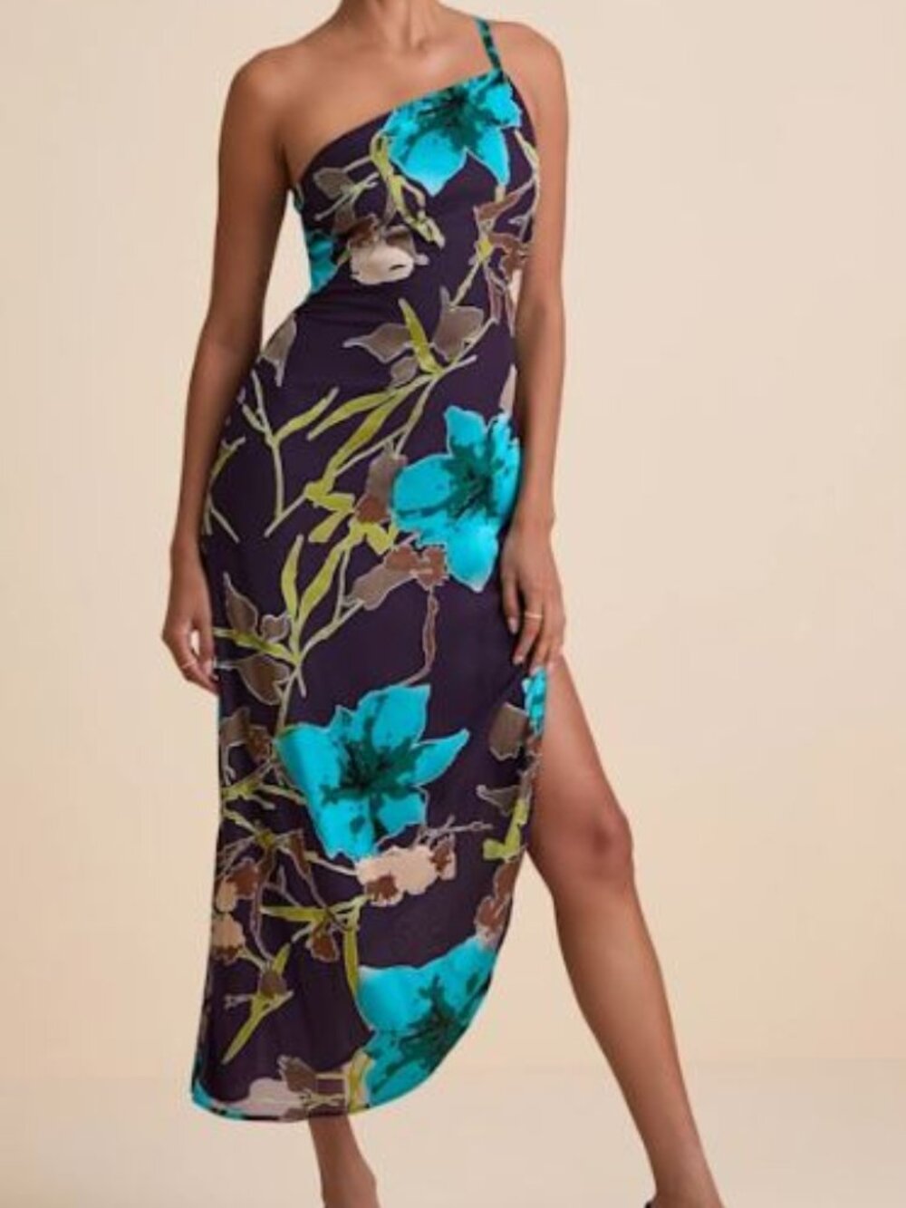 NWT Lulus Elzina Plum Floral Satin One-Shoulder Asymmetrical Midi Dress M